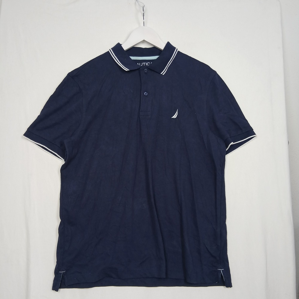 Nautica Navy Blue Short Sleeve Polo Shirt Tipped Collar Size L